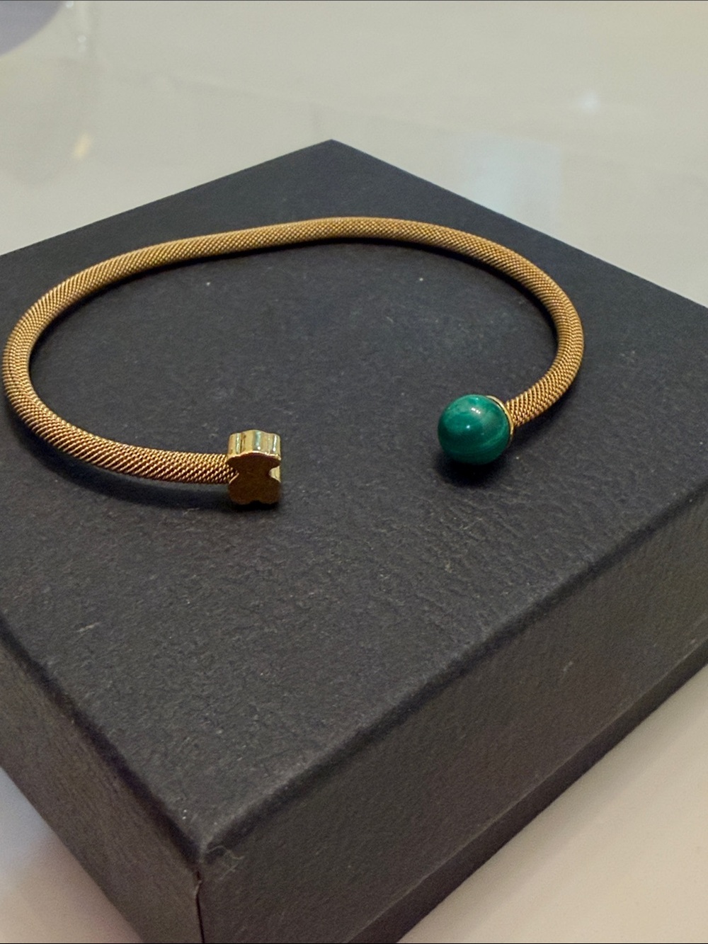 Tous Authentic Gold Mesh Open Bangle Bracelet with Green Stone Accent